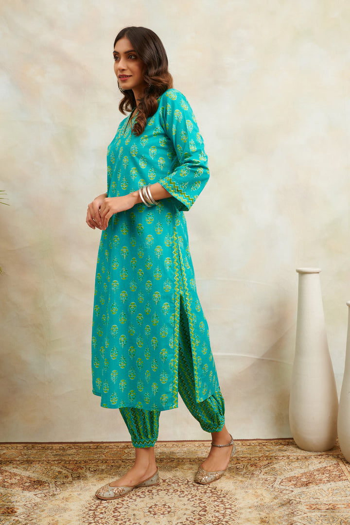 Blue & Green Hint Sanganeri Print Straight Kurta