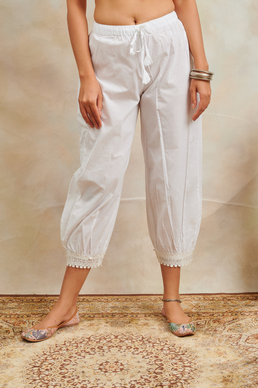 White Cotton Izhaar Pants with Drawstring Lace