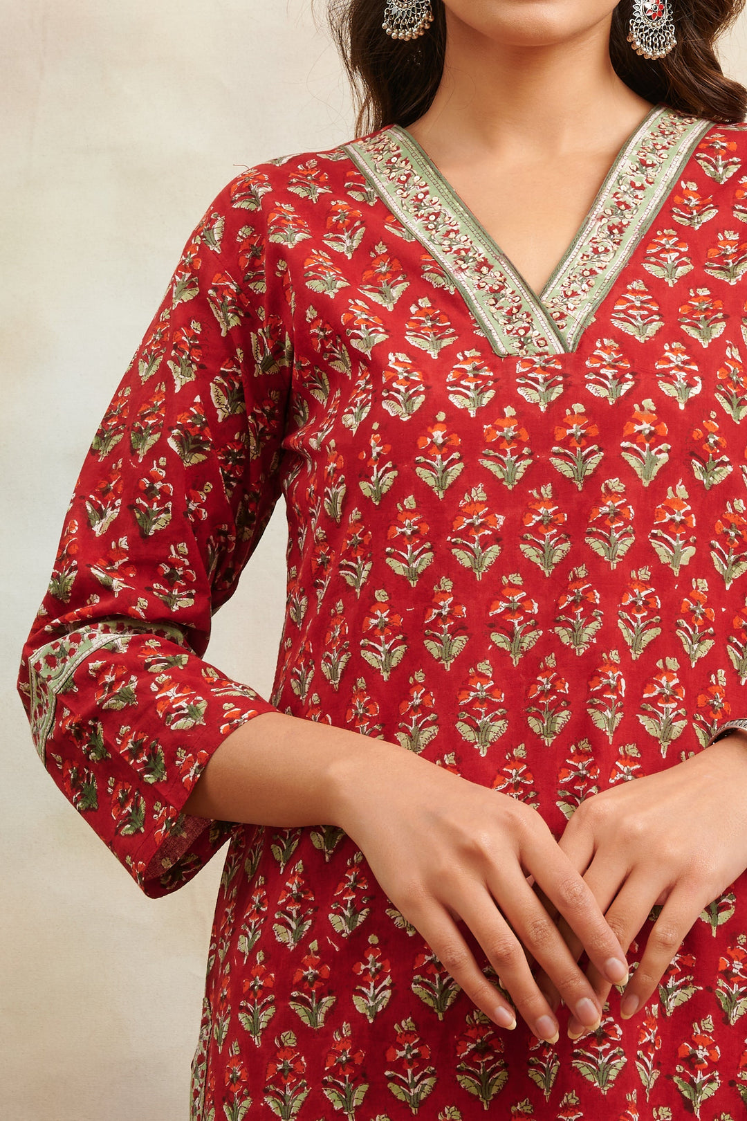 Red Hand Block Printed Sanganeri Straight Kurta ONLY