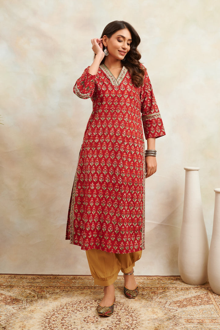 Red Hand Block Printed Sanganeri Straight Kurta ONLY