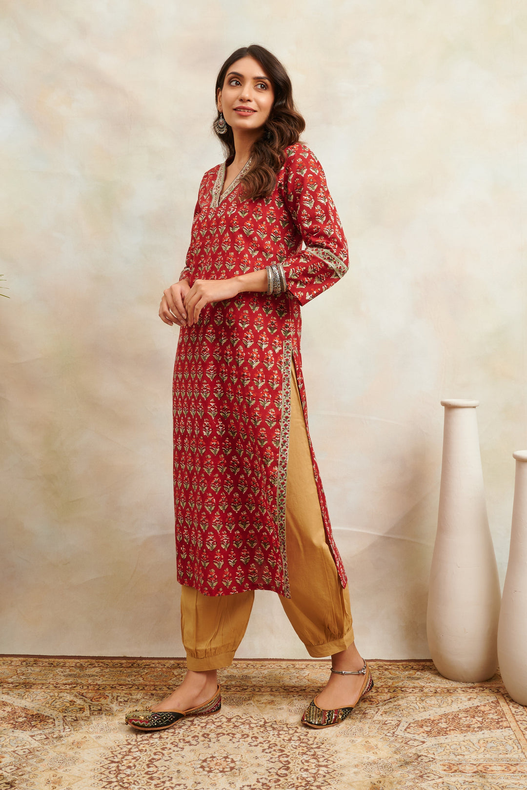 Red Hand Block Printed Sanganeri Straight Kurta ONLY