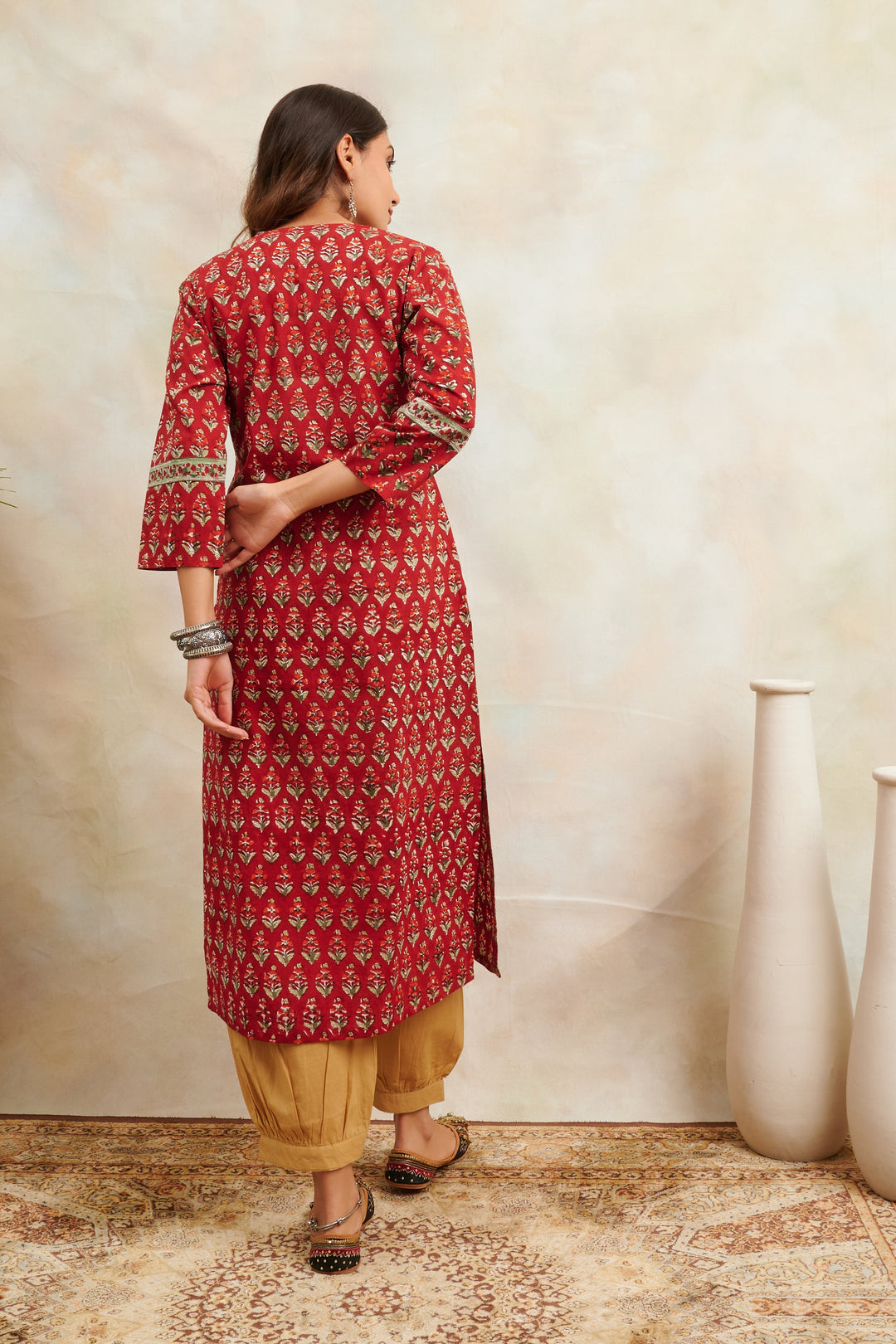 Red Hand Block Printed Sanganeri Straight Kurta ONLY