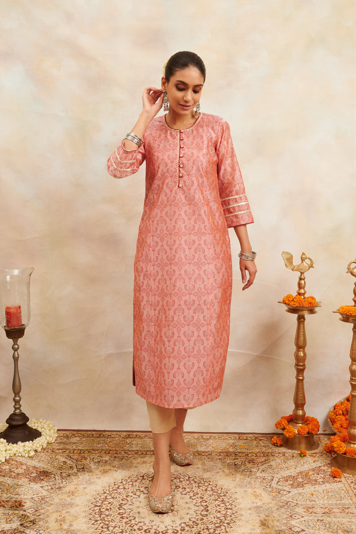 Soft Rust Color Khari Printed Chanderi Silk Kurta