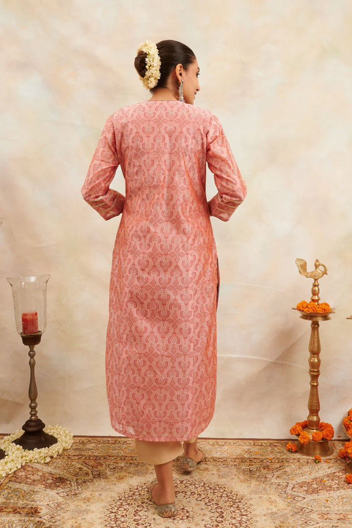 Soft Rust Color Khari Printed Chanderi Silk Kurta