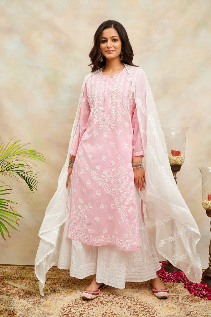 Pearl Pink Chikankari Mul Cotton Designer Kurta