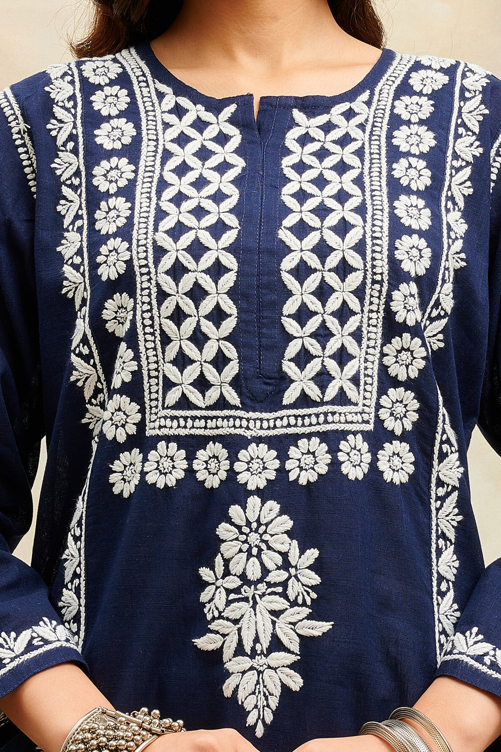 English Blue Cotton Hand Embroidered Chikankari Kurta