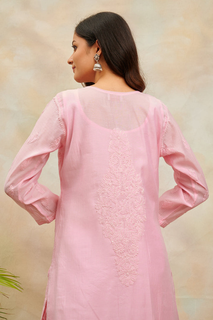 Blush Pink Chikankari Chanderi Silk Kurta with Slip