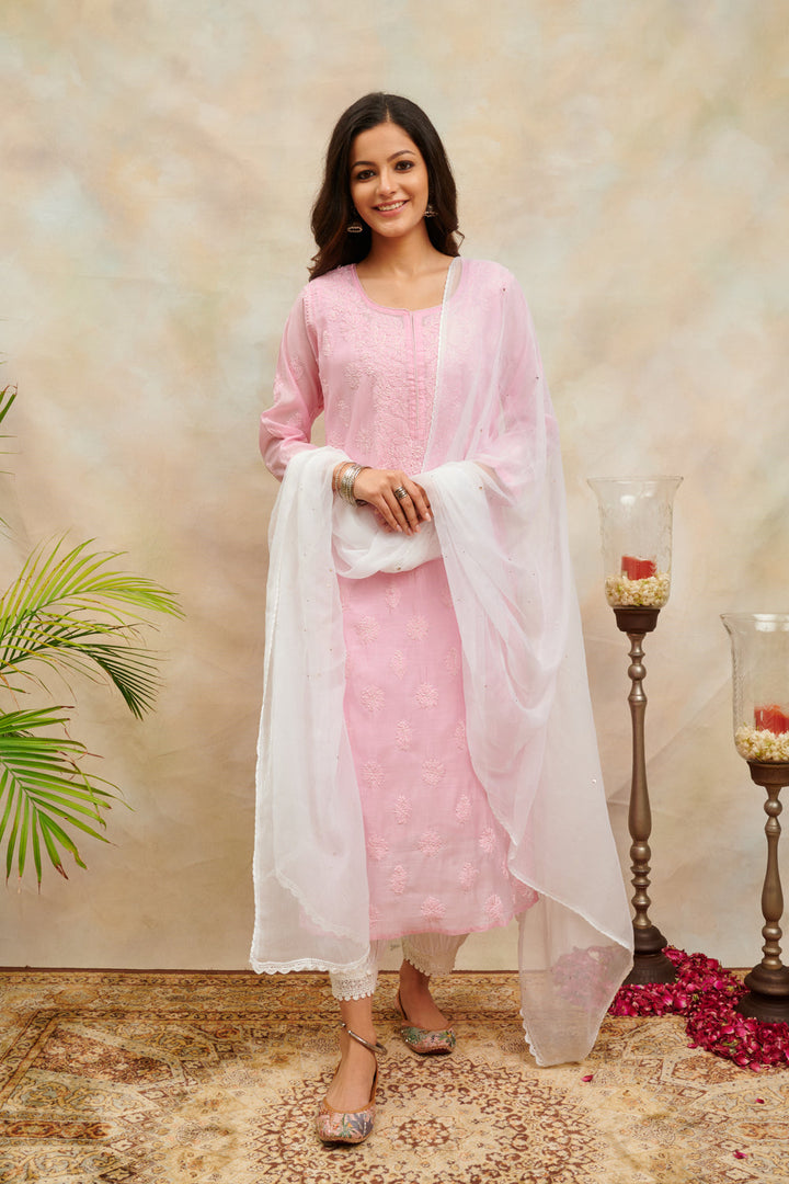 Blush Pink Chikankari Chanderi Silk Kurta with Slip