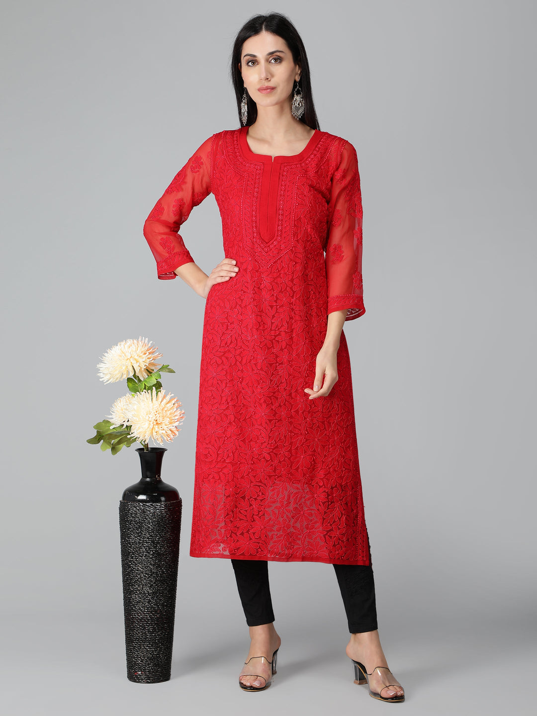 Imperial-Red-Georgette-Chikan-Kurta-with-Slip