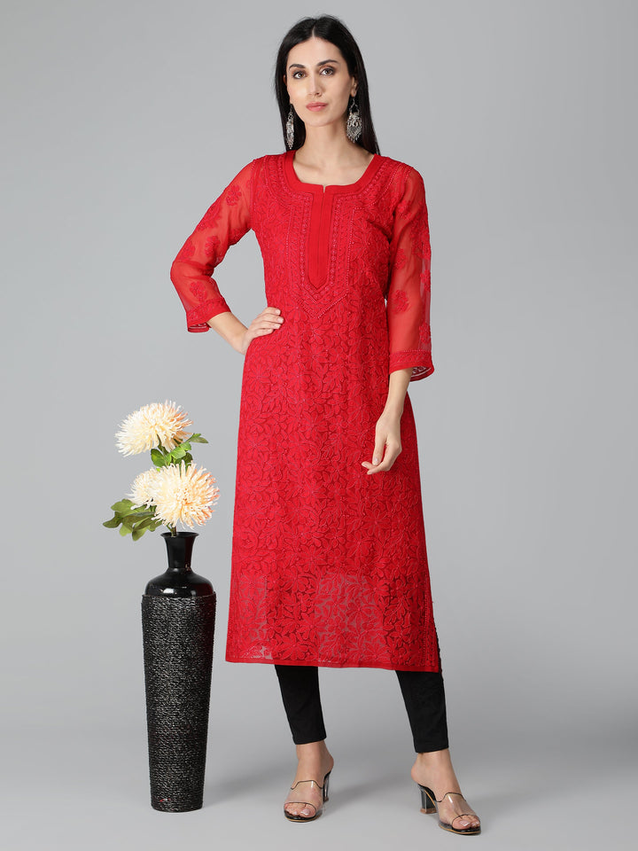 Imperial-Red-Georgette-Chikan-Kurta-with-Slip