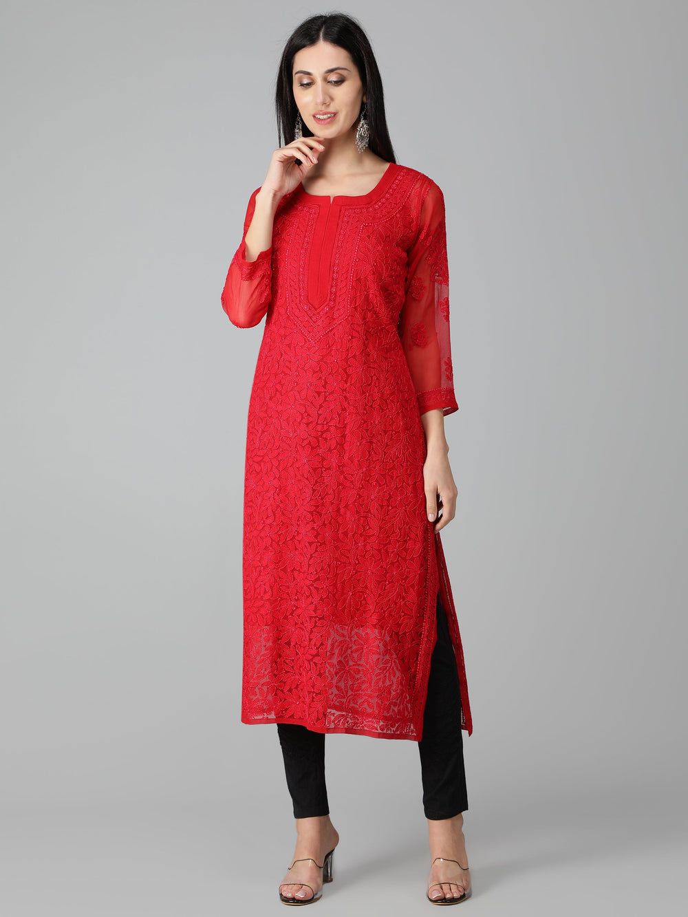 Imperial-Red-Georgette-Chikan-Kurta-with-Slip