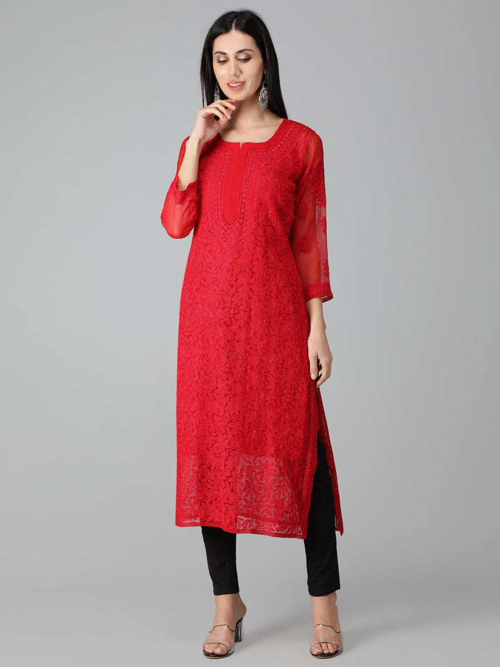 Imperial-Red-Georgette-Chikan-Kurta-with-Slip