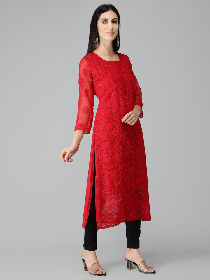 Imperial-Red-Georgette-Chikan-Kurta-with-Slip