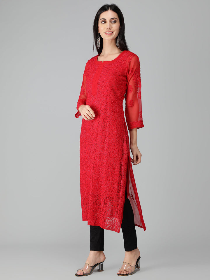 Imperial-Red-Georgette-Chikan-Kurta-with-Slip