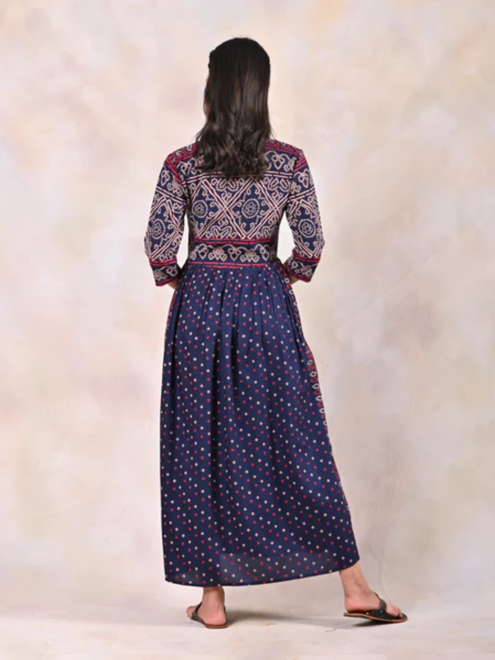 Indigo-Bandhani-V-Neck-Gathered-Dress