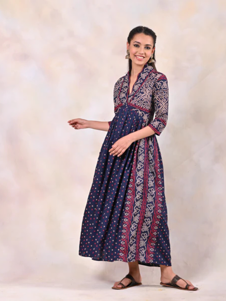 Indigo-Bandhani-V-Neck-Gathered-Dress