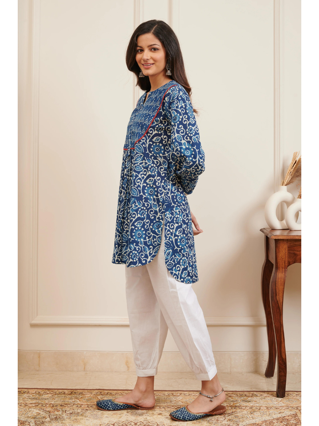 Indigo Blue Dabu Printed Short Tunic Kurti