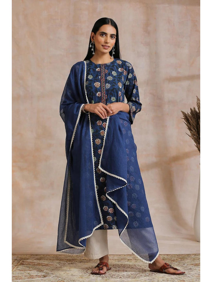 Indigo Cotton Bagru Hand Block Straight Kurta