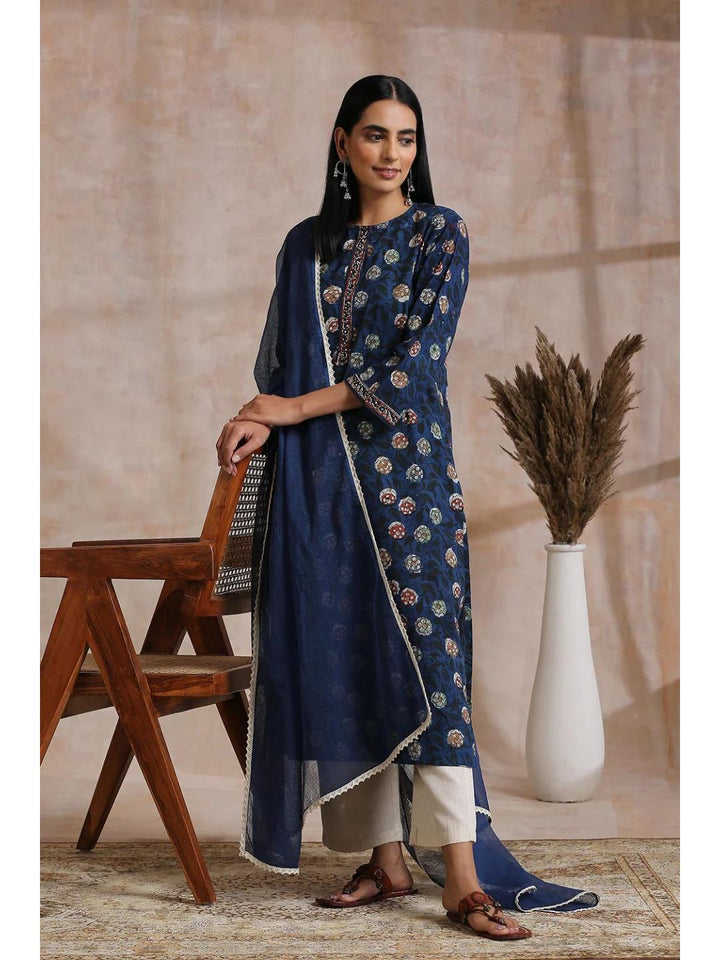 Indigo Cotton Bagru Hand Block Straight Kurta