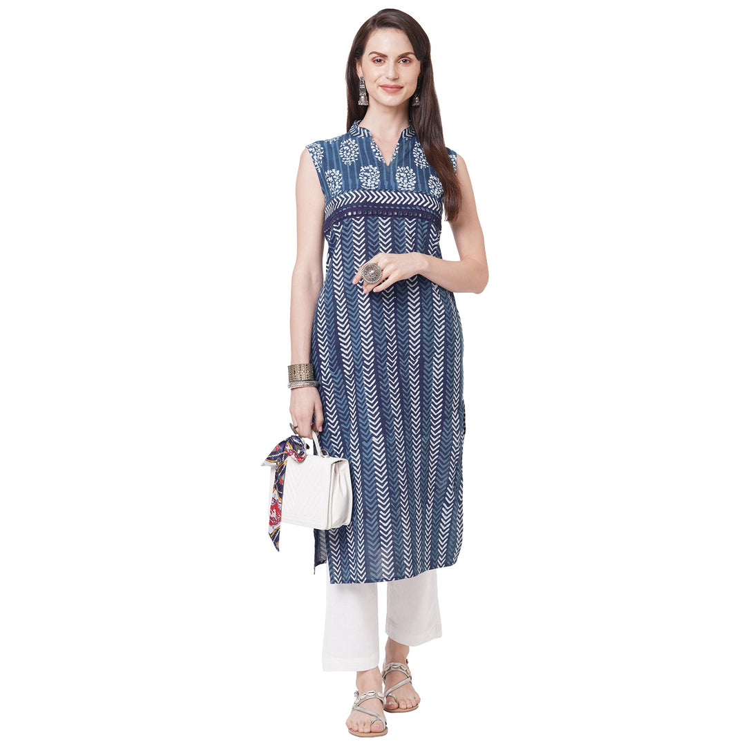 Indigo Cotton Floral Print Mirror Embroidered Kurta