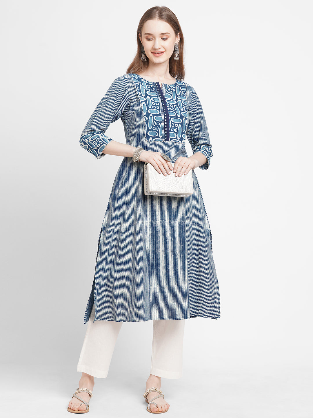 Indigo Cotton Stripe Handprint Mirror Embroidery Kurta