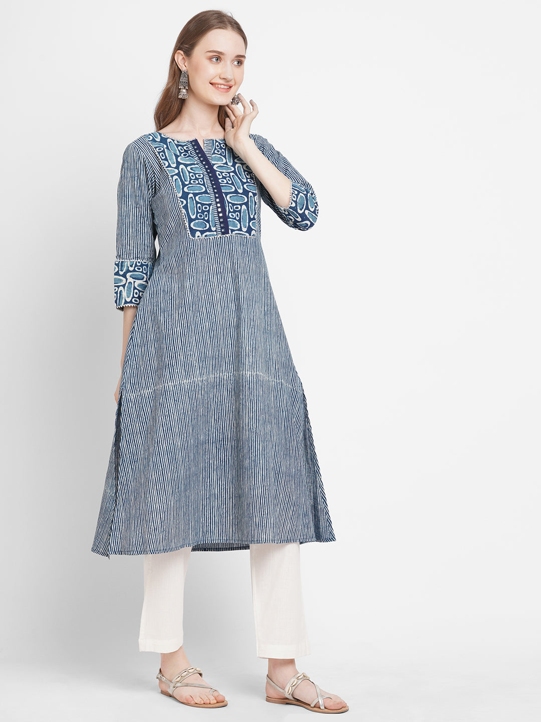 Indigo Cotton Stripe Handprint Mirror Embroidery Kurta