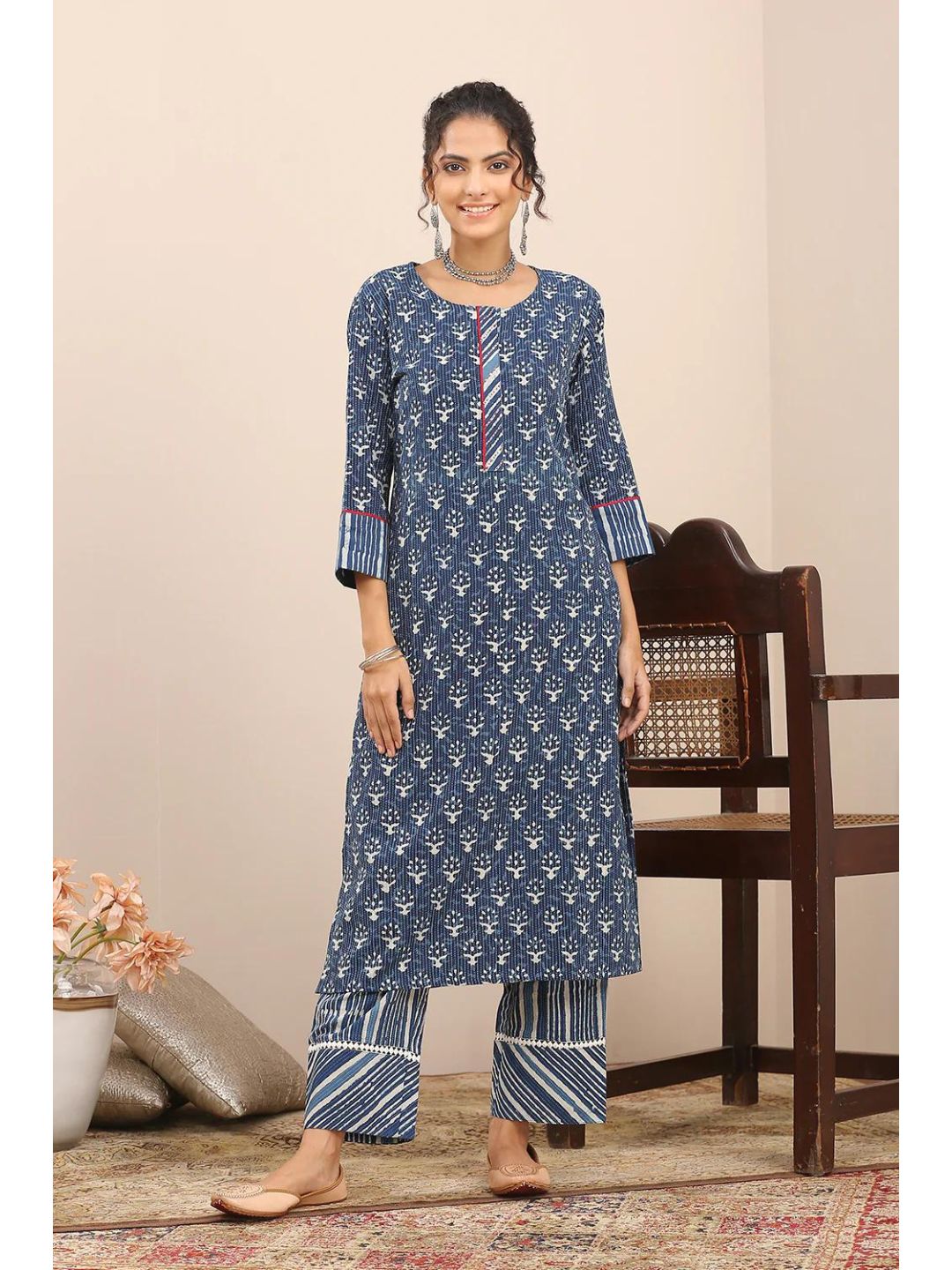 Indigo & White Kantha Hand Block Print Kurta