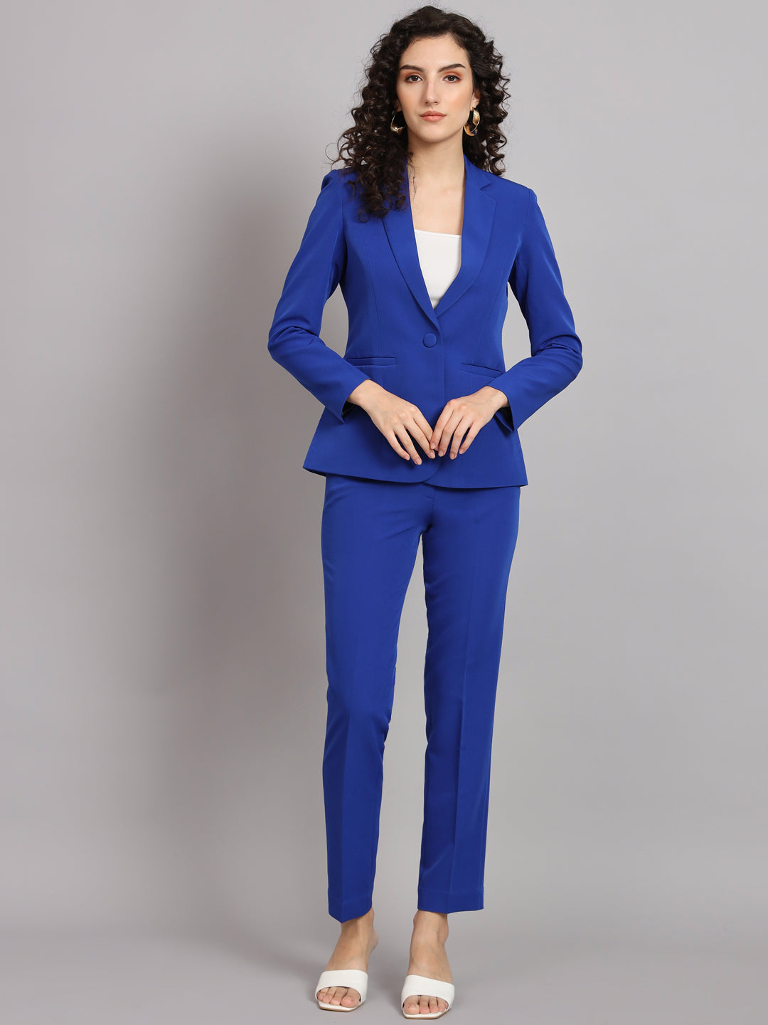Ink Blue Polyester Notch Collar Stretch Pant Suit
