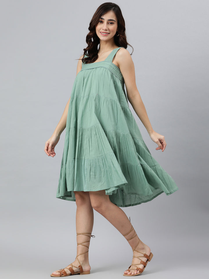 Dull Green Cotton Sleeveless Drop-Waist Dress