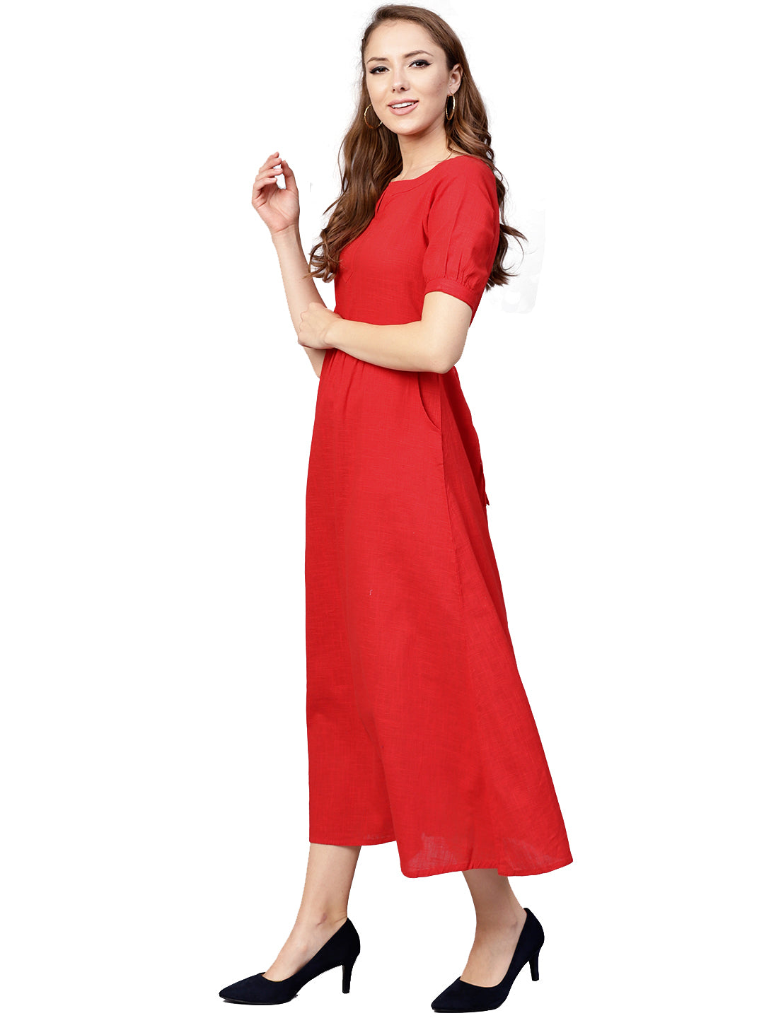 Red-Pure-Cotton-Midi-A-Line-Dress