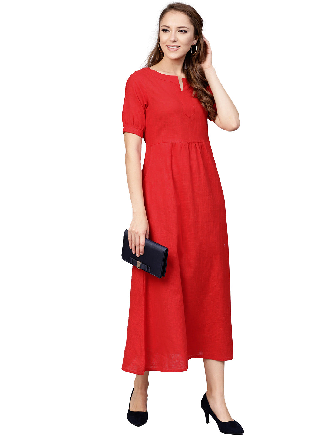 Red-Pure-Cotton-Midi-A-Line-Dress