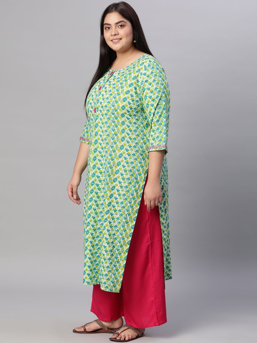 Green Cotton Geometric Print Straight Kurta