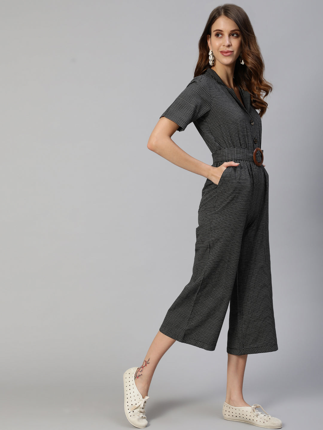 Black Rayon Yarn Dyed Checked Formal Jumpsuit