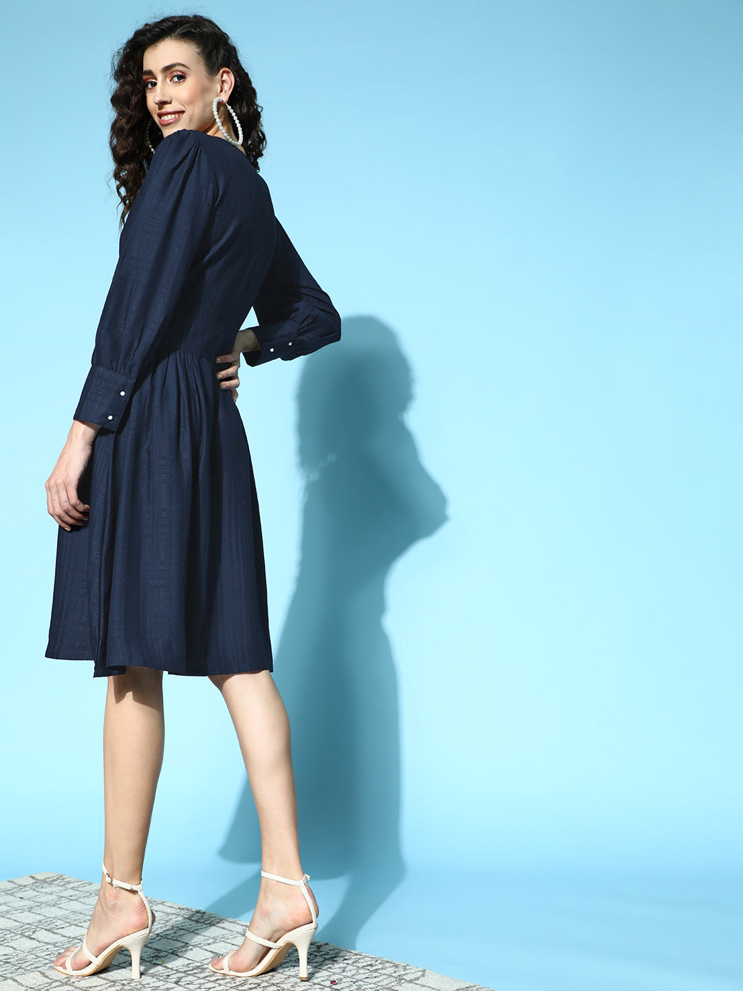 Navy-Blue-Rayon-Self-Weave-Puff-Sleeves-Dress