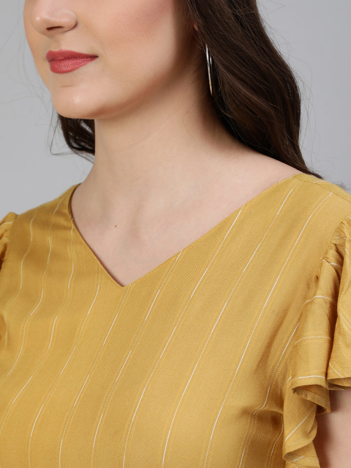 Mustard Self Weave Rayon Midi Dress With Belt