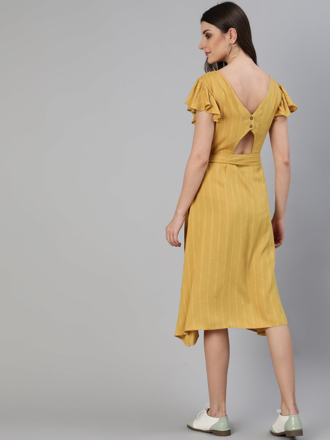 Mustard Self Weave Rayon Midi Dress With Belt
