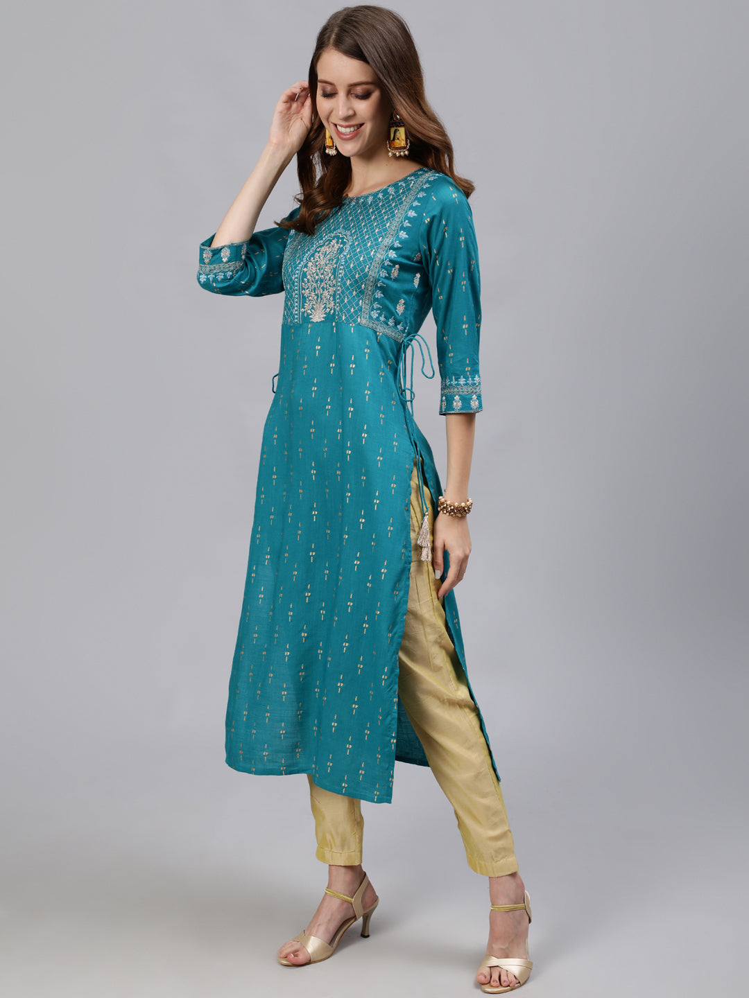 Rama Blue Rayon Slub Gold Khadi Print Kurta