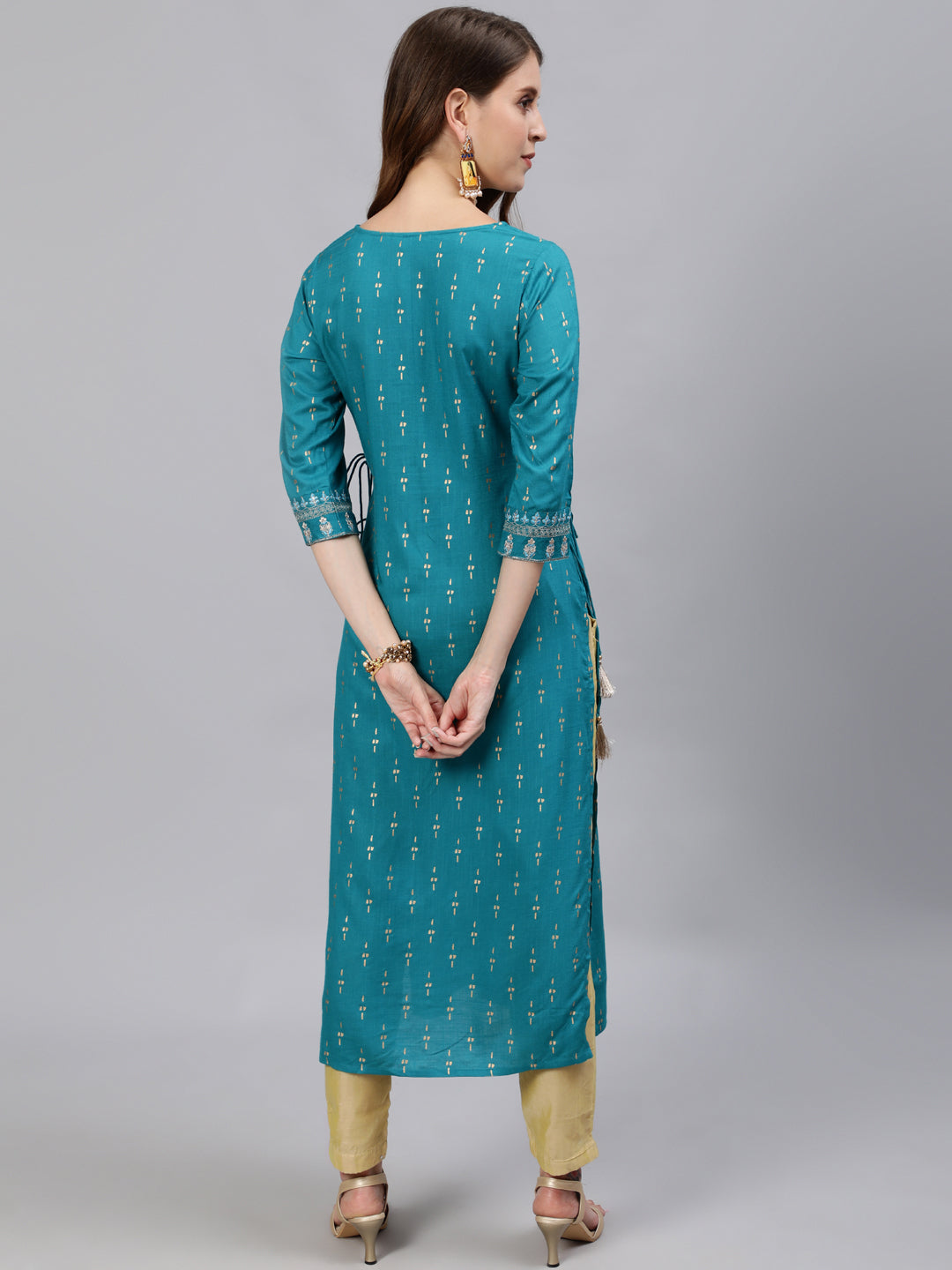 Rama Blue Rayon Slub Gold Khadi Print Kurta