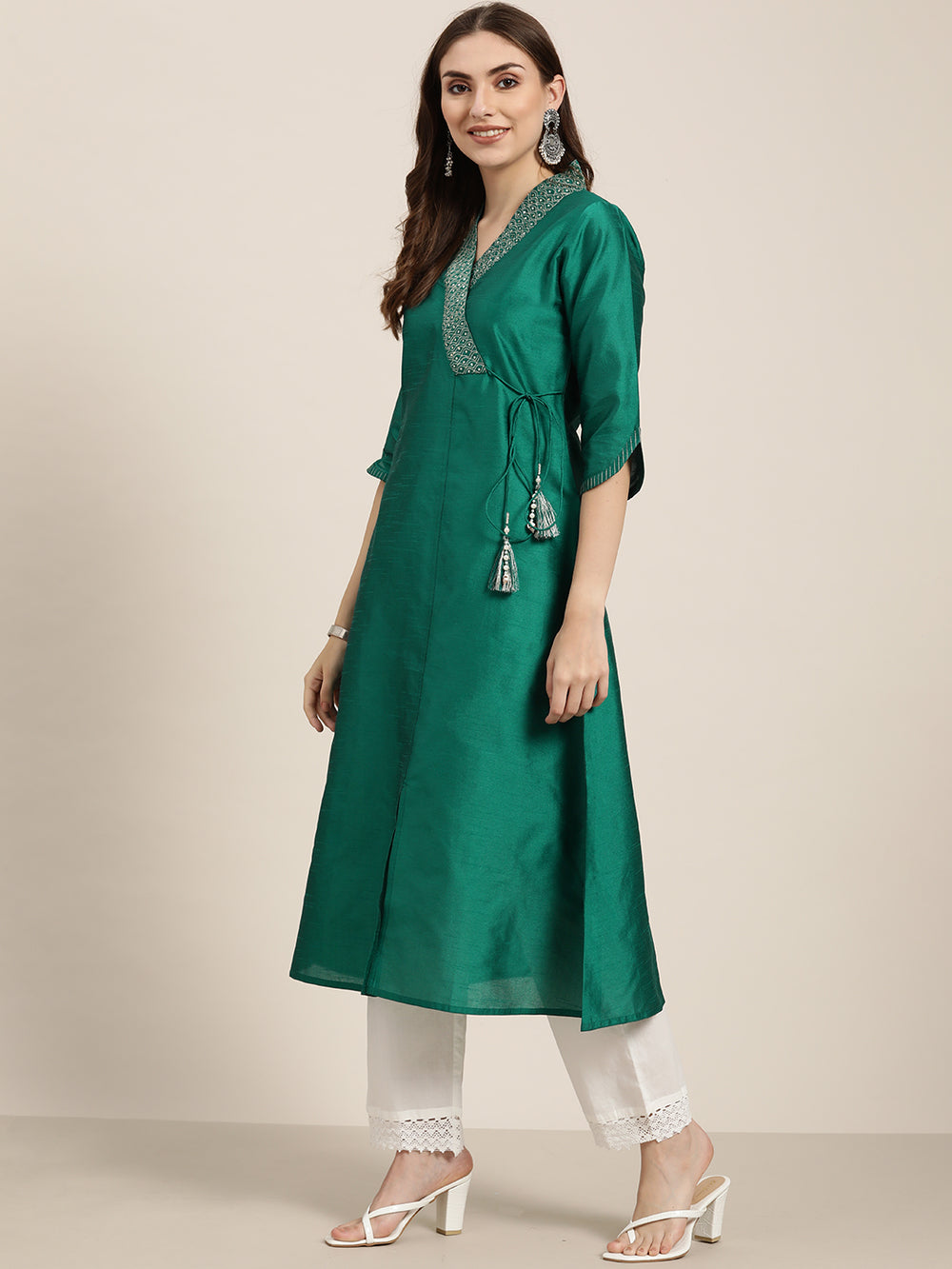 Green-Silk-Blend-Angrakha-Style-A-Line-Kurta