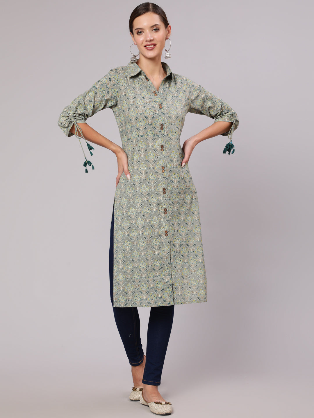 Thyme Green Cotton Printed Shirt Style Kurta
