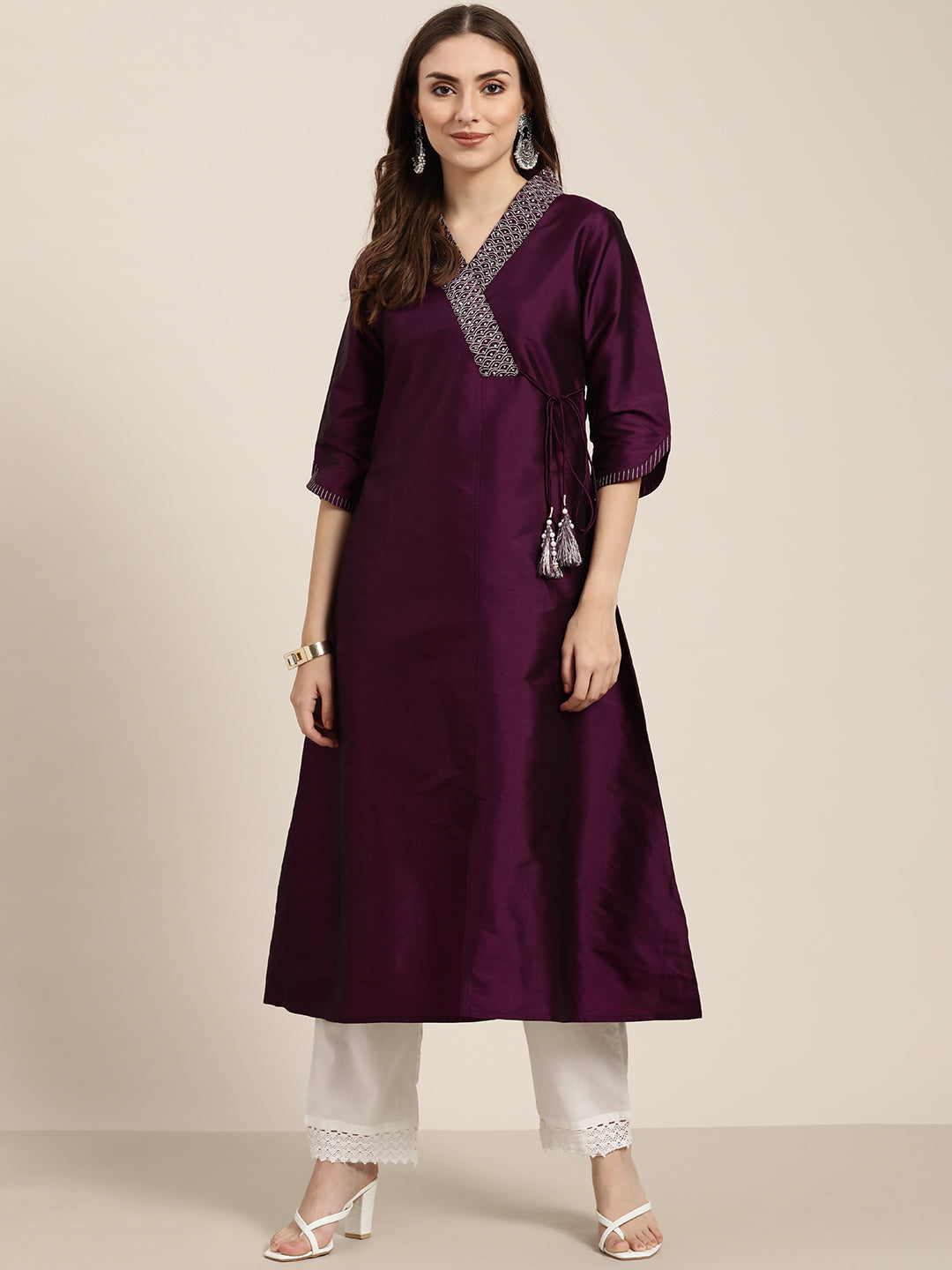 Purple-Silk-Blend-Angrakha-Style-A-Line-Kurta