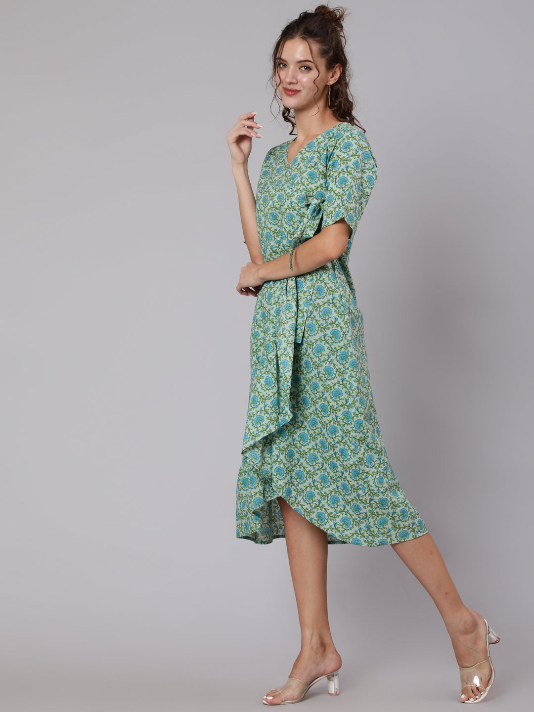 Green-Cotton-Flared-Dress-With-Tie-Up-Belt