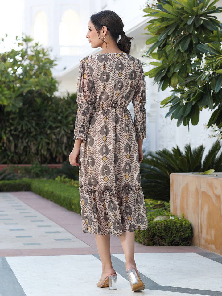 Brown Georgette Ikkat Print Tiered Midi Dress