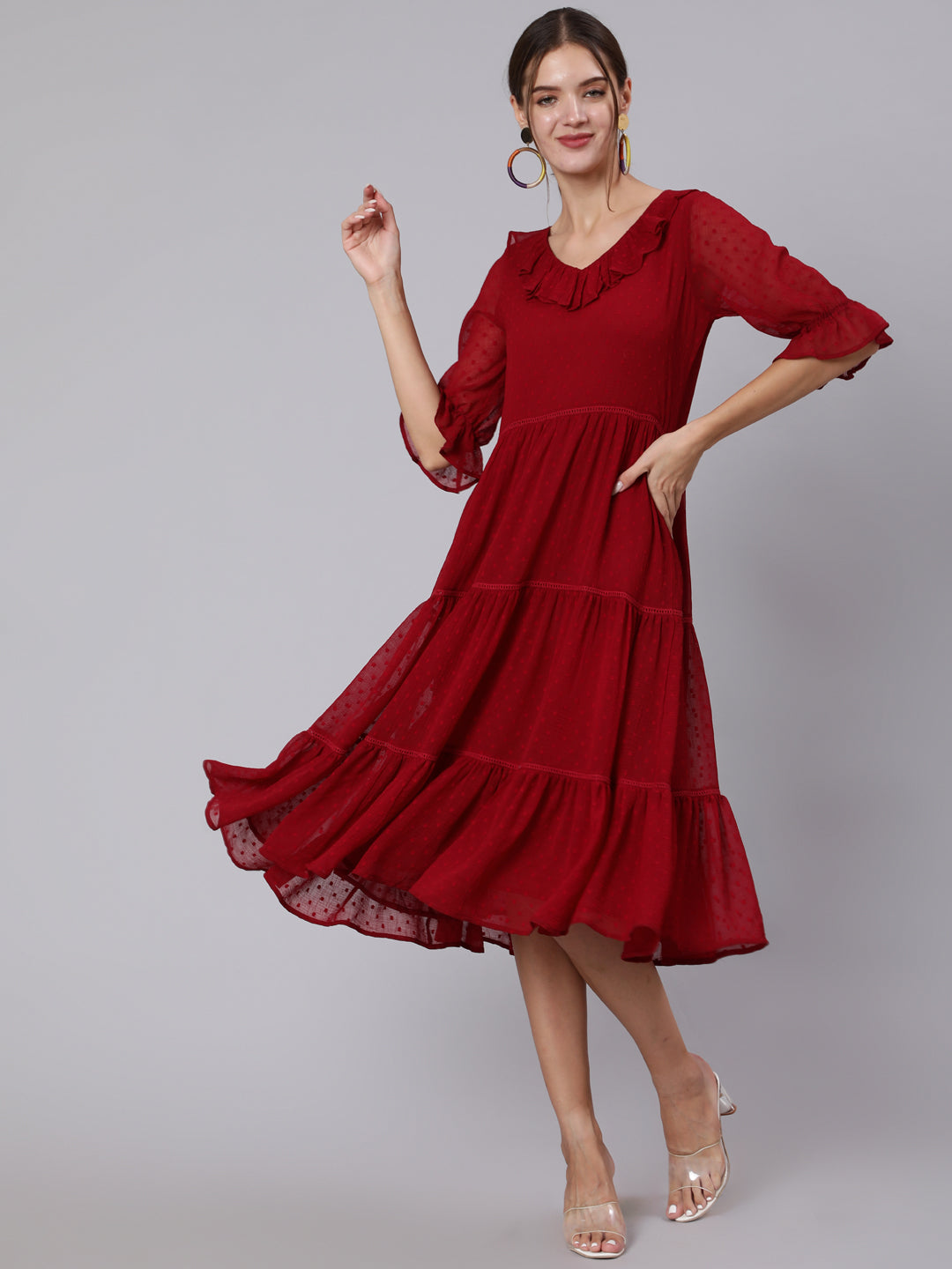 Maroon-Polka-Georgette-Tiered-Lace-Dress