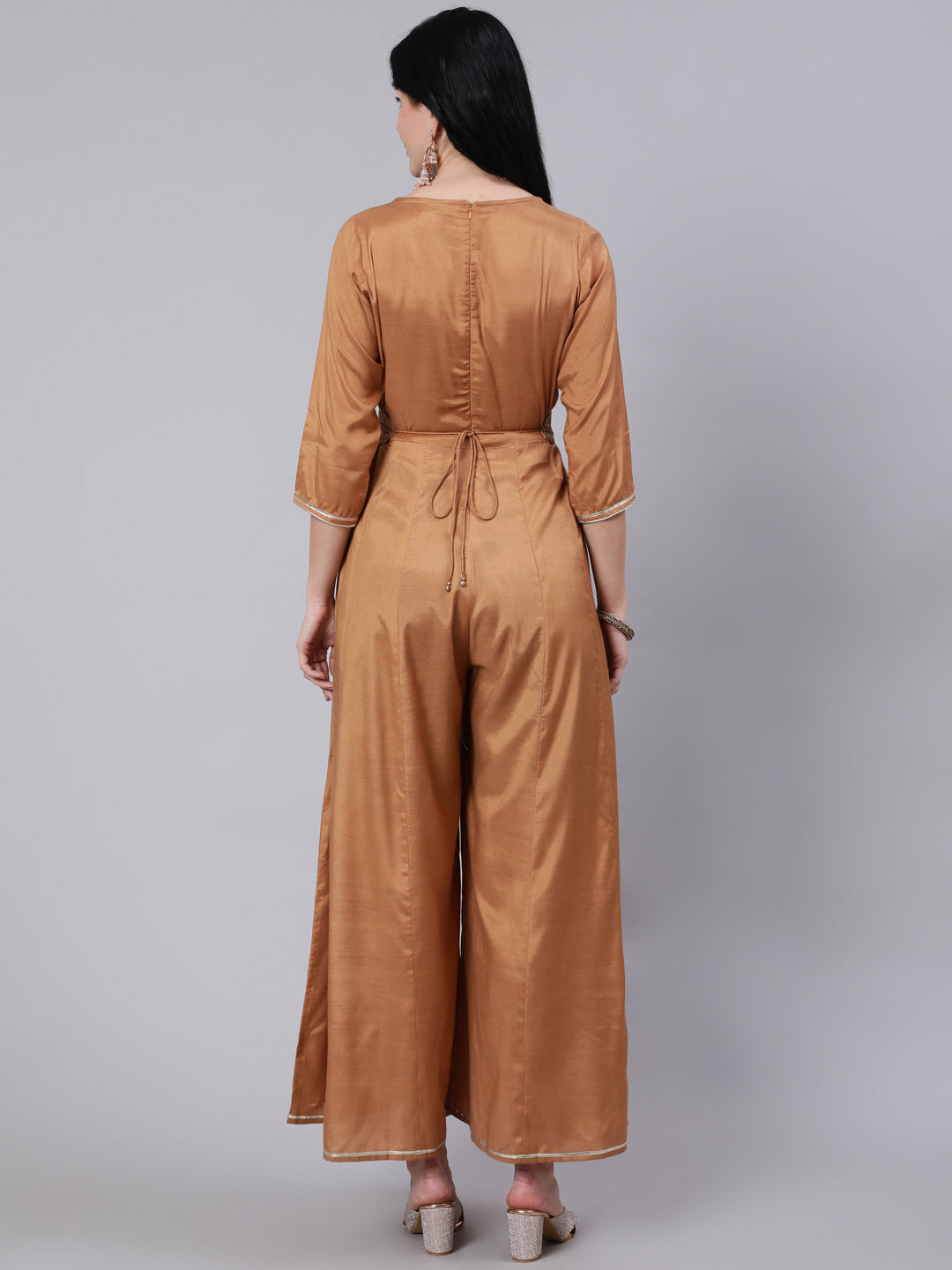 Camel Brown Silk Blend Jumpsuit with Belt