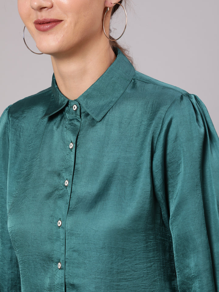 Dark Teal Green Silk Blend Shirt With Puffed Sleeves