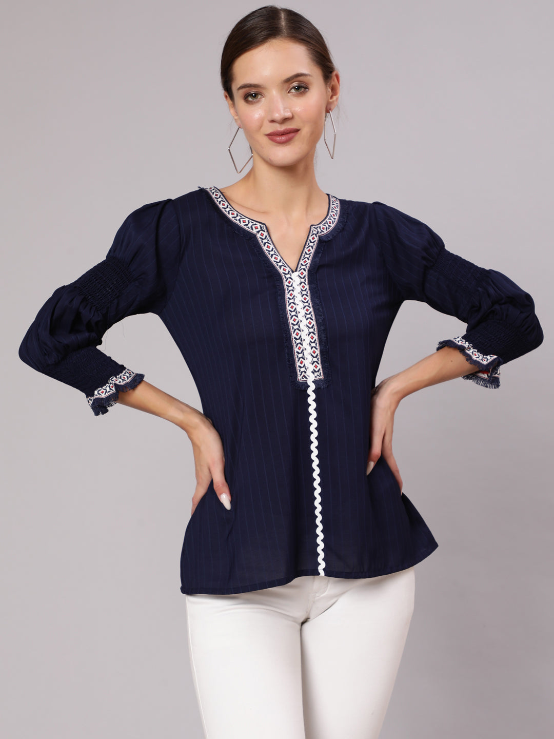 Blue-Poly-Silk-Top-With-Smocked-Sleeves