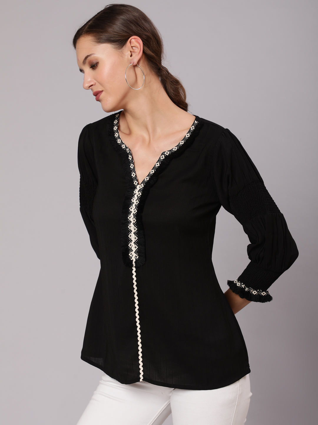 Black-Poly-Silk-Top-With-Smocked-Sleeves
