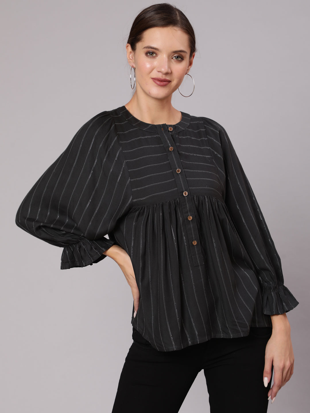 Grey-Rayon-Lurex-Top-With-Gathered-Sleeves
