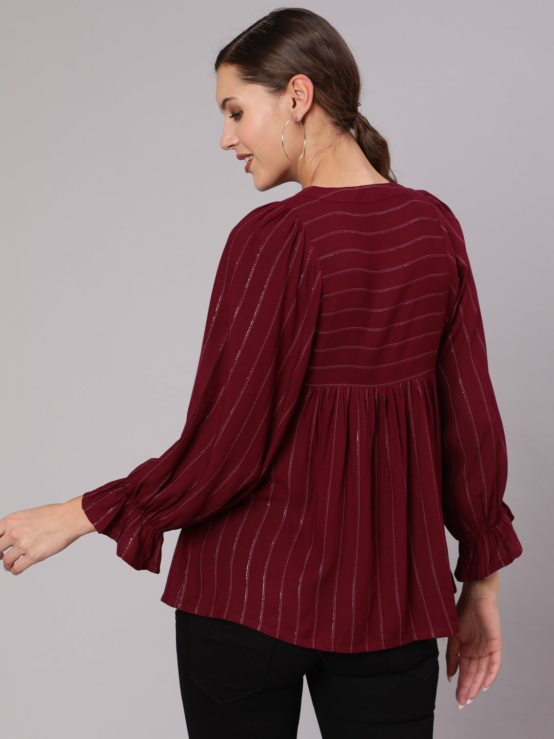 Maroon-Rayon-Lurex-Top-With-Gathered-Sleeves